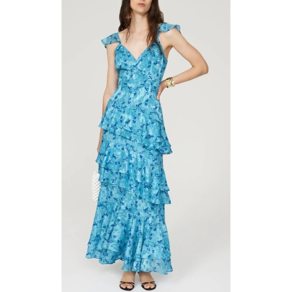 HUTCH Miah Gown Blue Floral Women Size 8 Formal Summer Spring Ruffle V-Neck